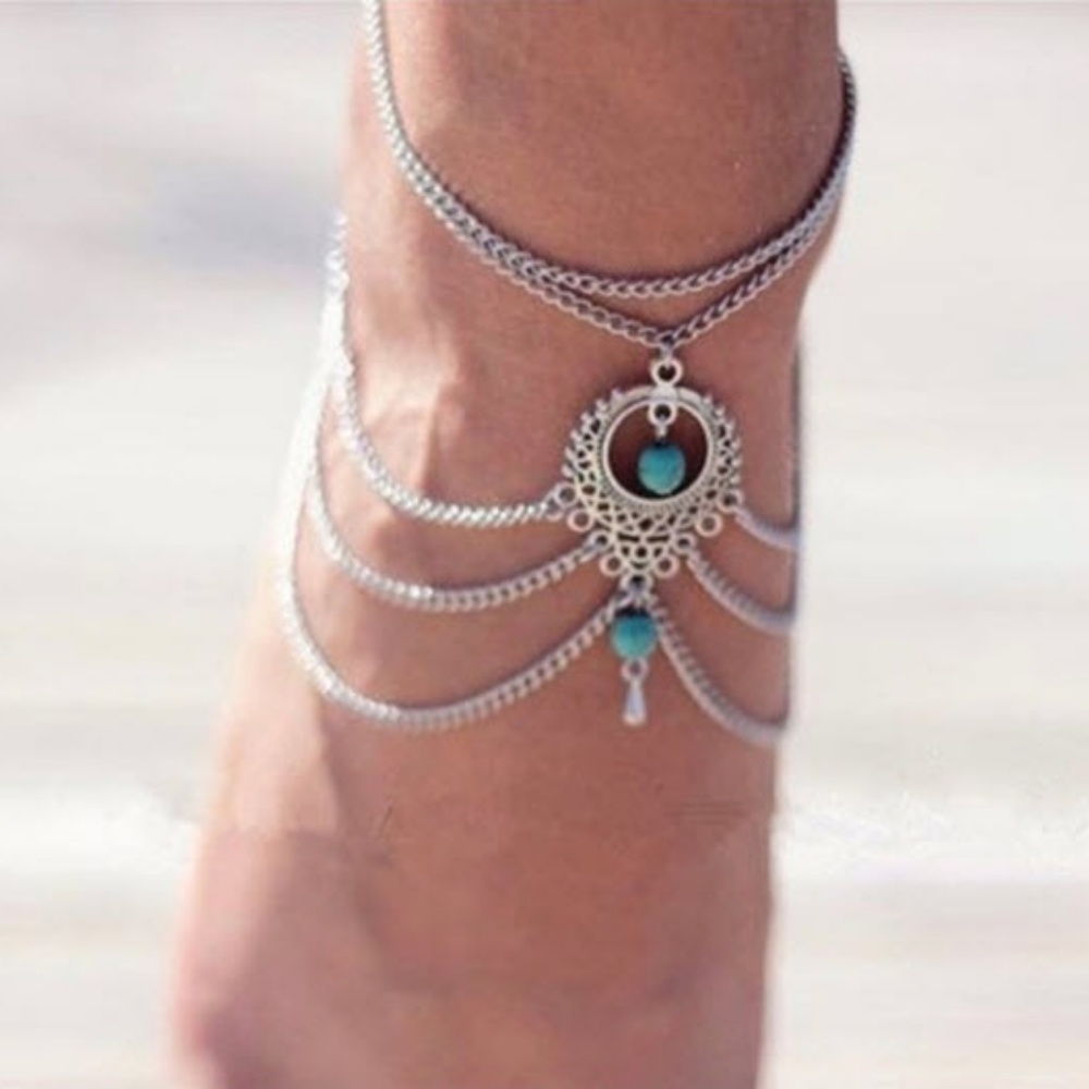 Silvertone Anklet  w/faux Turquoise stones - Picture 4 of 5
